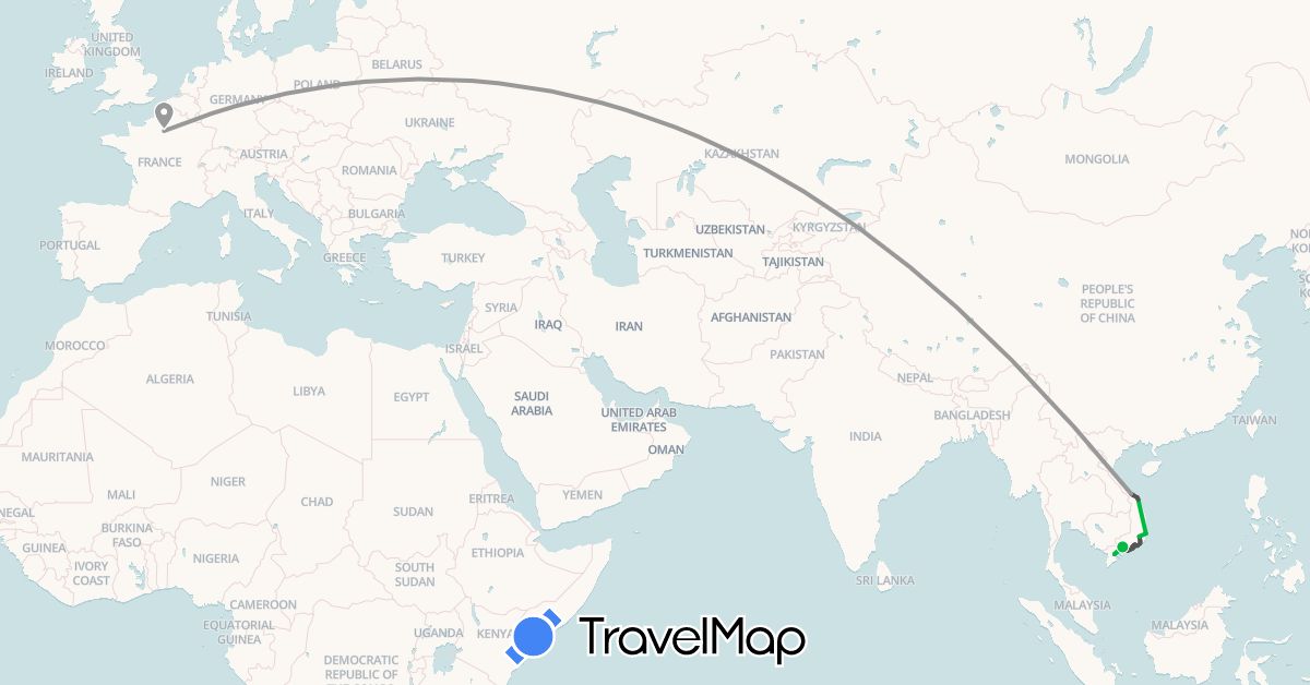 TravelMap itinerary: driving, bus, plane, motorbike in France, Vietnam (Asia, Europe)